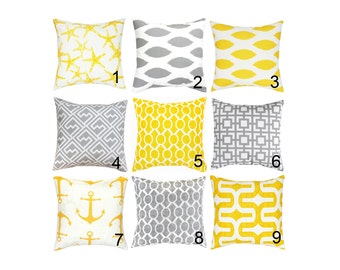 Yellow Pillow Cover Grey Pillows Lumbar Euro Sham Yellow Grey Cushion Cover Nautical Pillow Geometric Pillow 18"x18" Any Size