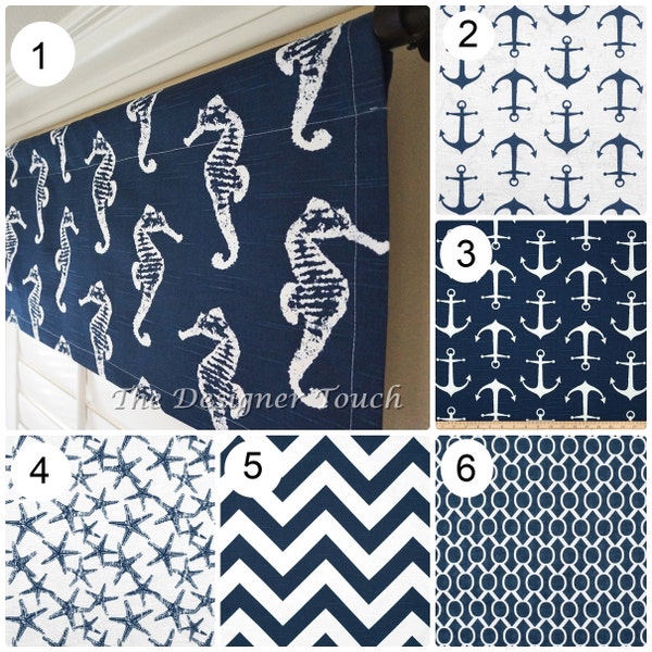 Navy Blue Valance Panel Nautical Valance Seahorse Valance Starfish Valance Chevron Valance Kitchen Valance 52" x 15" Any Size