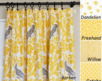 Yellow Grey Window Curtain.Yellow Curtain Panels.Grey Drapes.Kitchen Curtains.Grey Curtain.Yellow White Drapes.Bird Curtains.Blackout Option