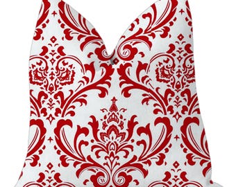 Rood-witte kussensloop. Decoratie voor als vakantiehuis. Rood damast sierkussen. Kussen met rood accent. Elegant decoratief kussen. Geometrische rode kussens