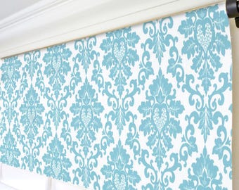 Moderne damasten volant. Aquawit gordijn. Luxe designergordijnen. Decoratieve overgangsraamtopper. Op maat gemaakte woonkamervalletjes