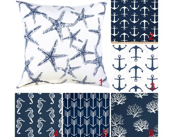 Navy Blue Pillow Covers.Seahorse Throw Pillows. Nautical Pillow.Starfish Cushion.Euro Sham.Anchors Pillow.Sea Coral Accent Pillow