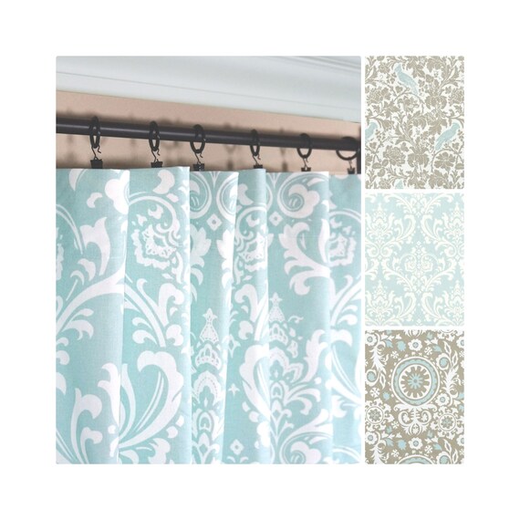 Light Blue Window Curtains Blue Taupe Drapes Birds Etsy