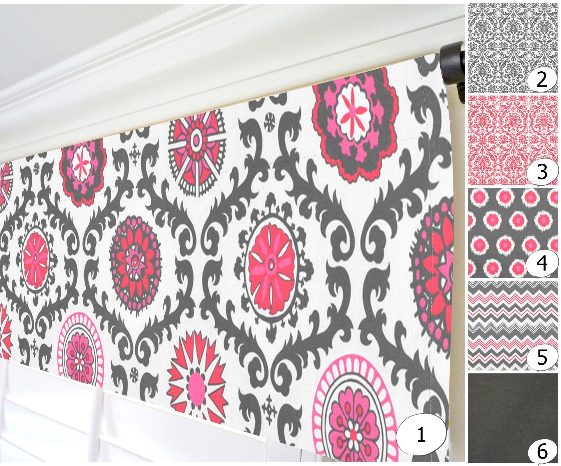 Hot Pink Window Valance.floral Valance Curtain.dark Gray Etsy UK
