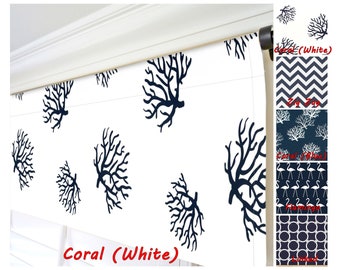 Navy Coral Window Valance. Blue White Valance. Beach House Decor. Beach Cottage Valance. Dark Blue Kitchen Valance. Coral Window Curtains