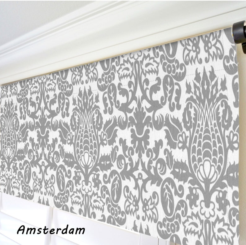 Storm Grey Valances. Gray and White Valance. Gray Window Treatments. Modern Home Decor. Kitchen Valance. Custom Size Valance. Damask Valance Amsterdam