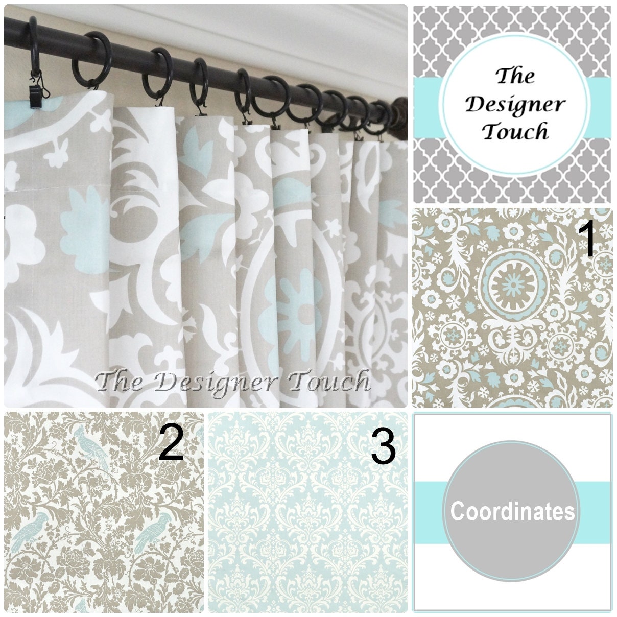 Taupe Curtain Panels Light Blue Window Curtains Damask Etsy