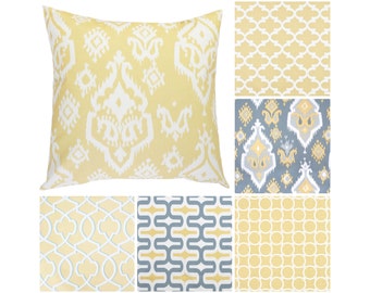 Yellow Pillow Cover.Yellow Grey Pillows.Toss Pillows.Ikat Decorative Pillow.Moroccan Pillows.Yellow Euro Sham.Gray Pillow Cover