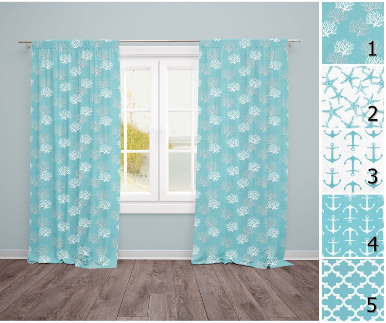Aqua Blue Curtains Coral Curtain Panels Beach Theme Etsy