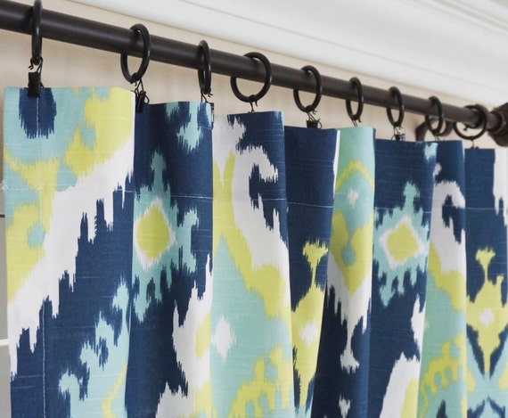 Pair Of Peacock Curtain Panels Lime Green Navy Blue Curtains Etsy