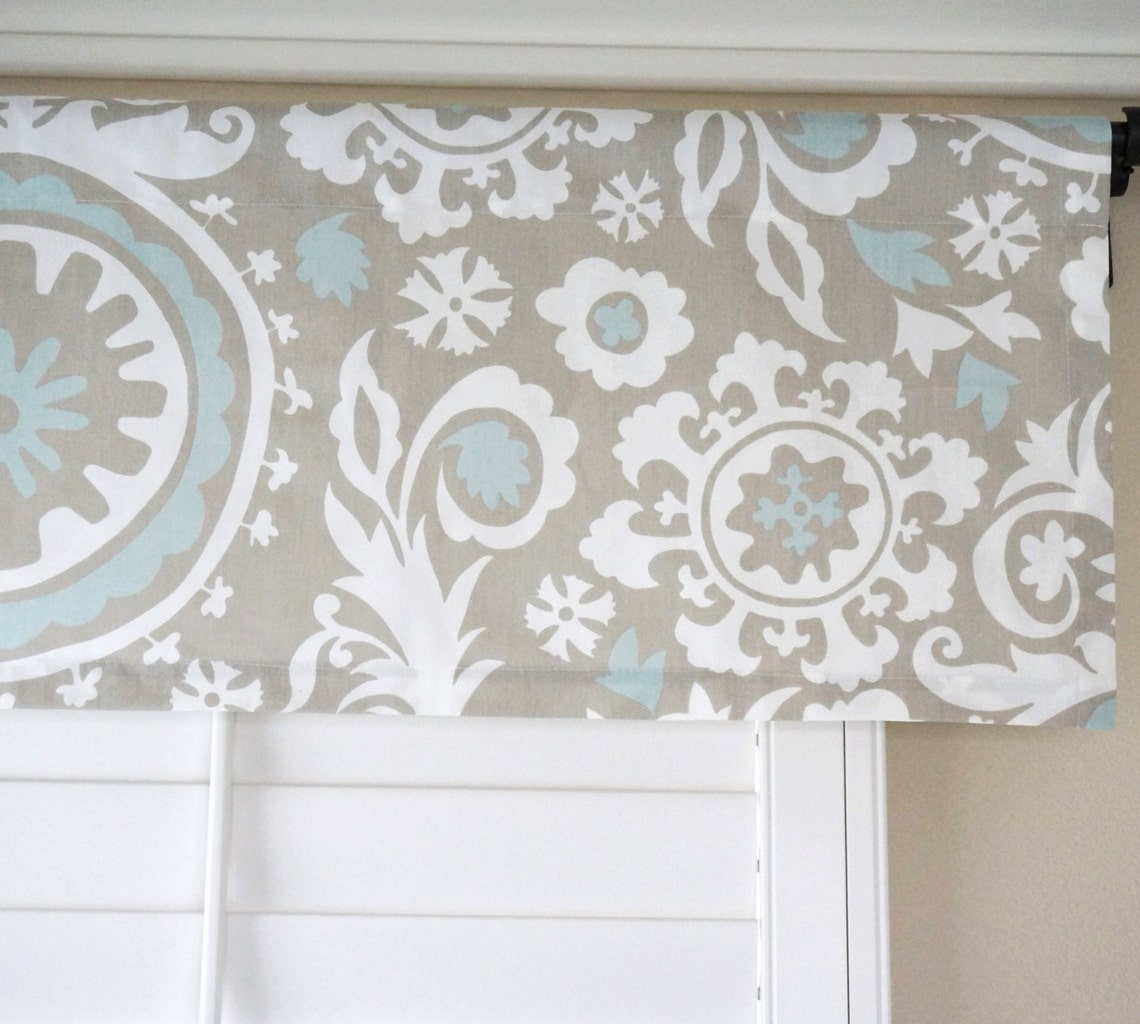 Taupe Valance.light Blue Window Valance.blue Damask Etsy
