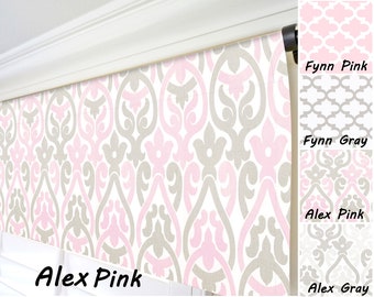 Pink White Window Valance. Taupe Window Treatment. Taupe Gray Curtain. Pink Grey Scrolls Valance. Quartrefoil Valance. Custom Sized Valance