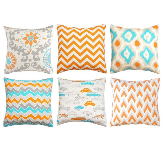 Orange Pillow Covers Aqua Toss Pillow Grey Decorative Etsy