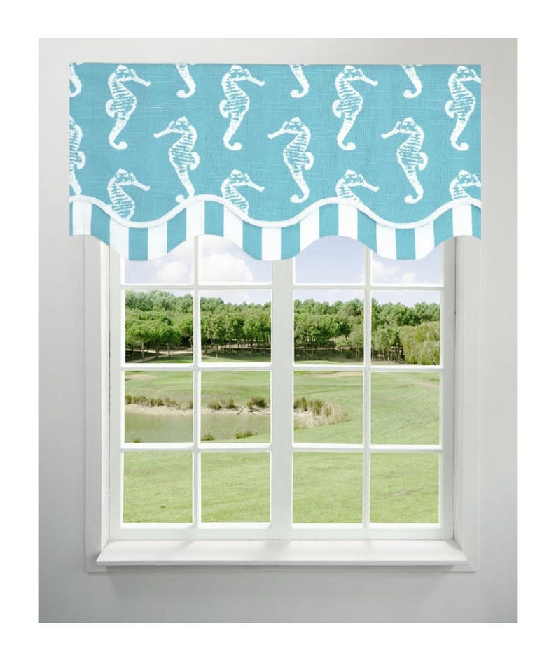 Scalloped Valance Curtain.aqua Blue Valance.nautical Scalloped Etsy