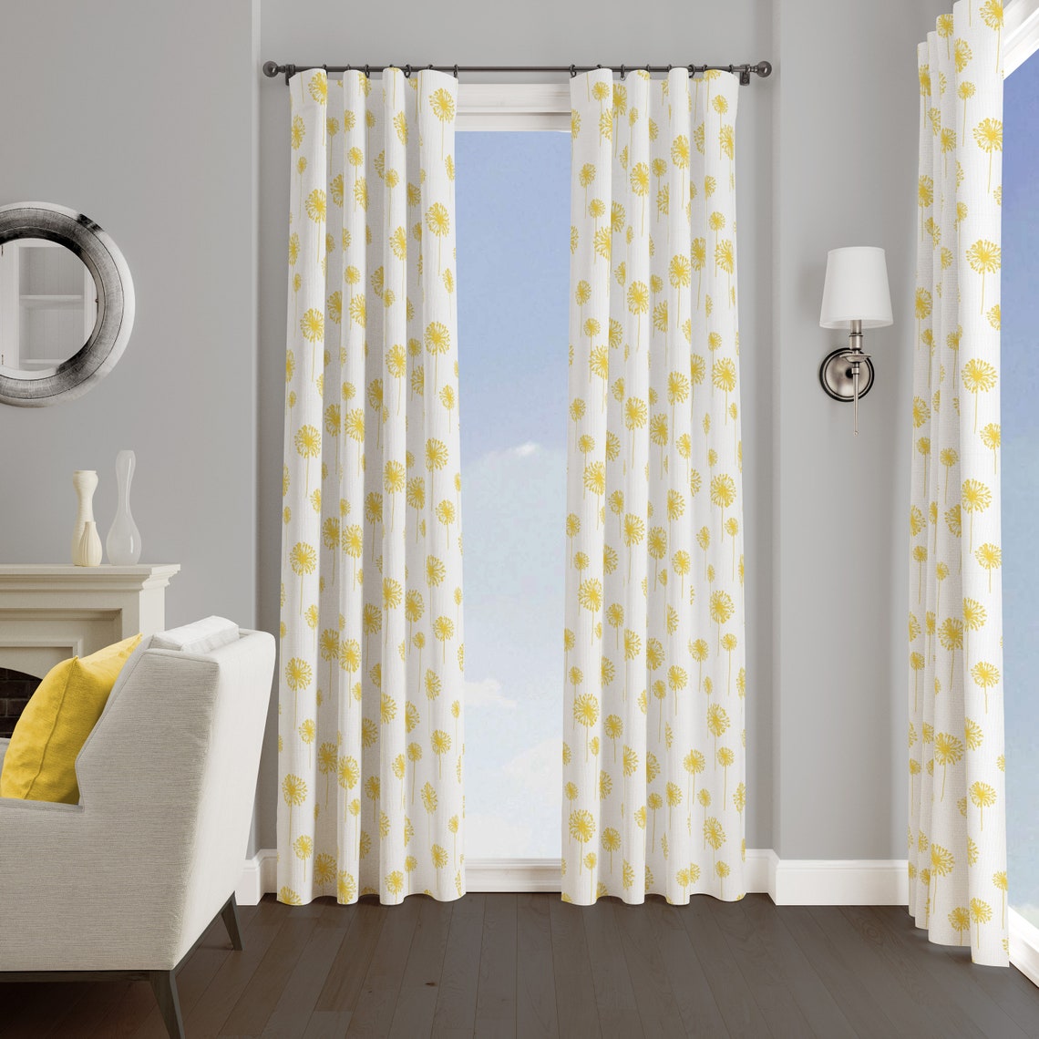 Yellow White Window Curtains. Yellow Dandelion | Etsy