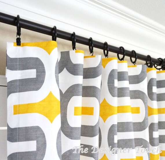 Two Yellow Grey Curtain Panels Geometric Window Treatments Etsy