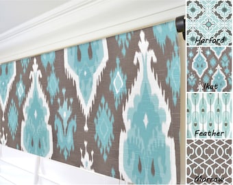 Aqua Blue Brown Valance. Custom Living Room Valance. Ikat Valance. Bathroom Curtains. Brown Trellis Kitchen Valance. Peacock Feather Valance