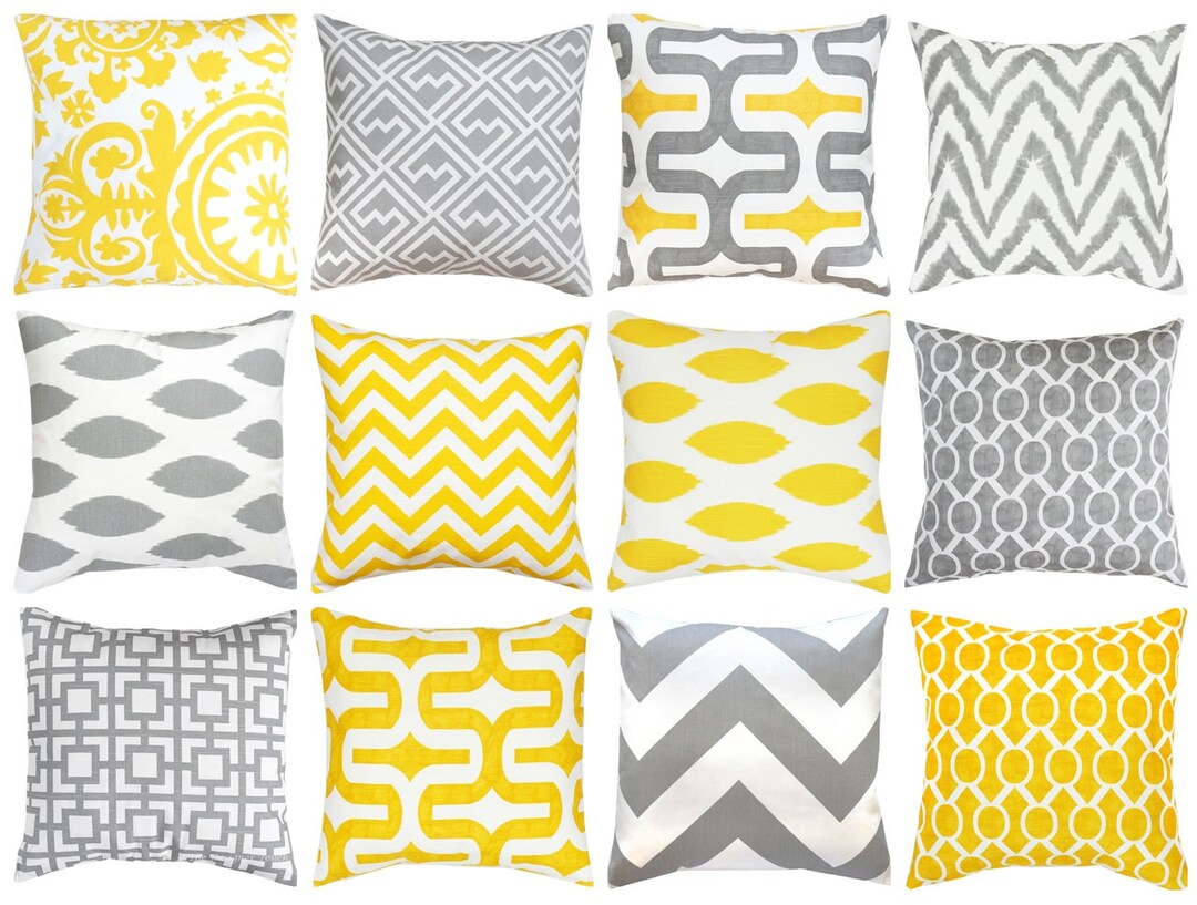 Yellow Grey Pillow Covers.yellow Toss Pillows.grey Couch Etsy