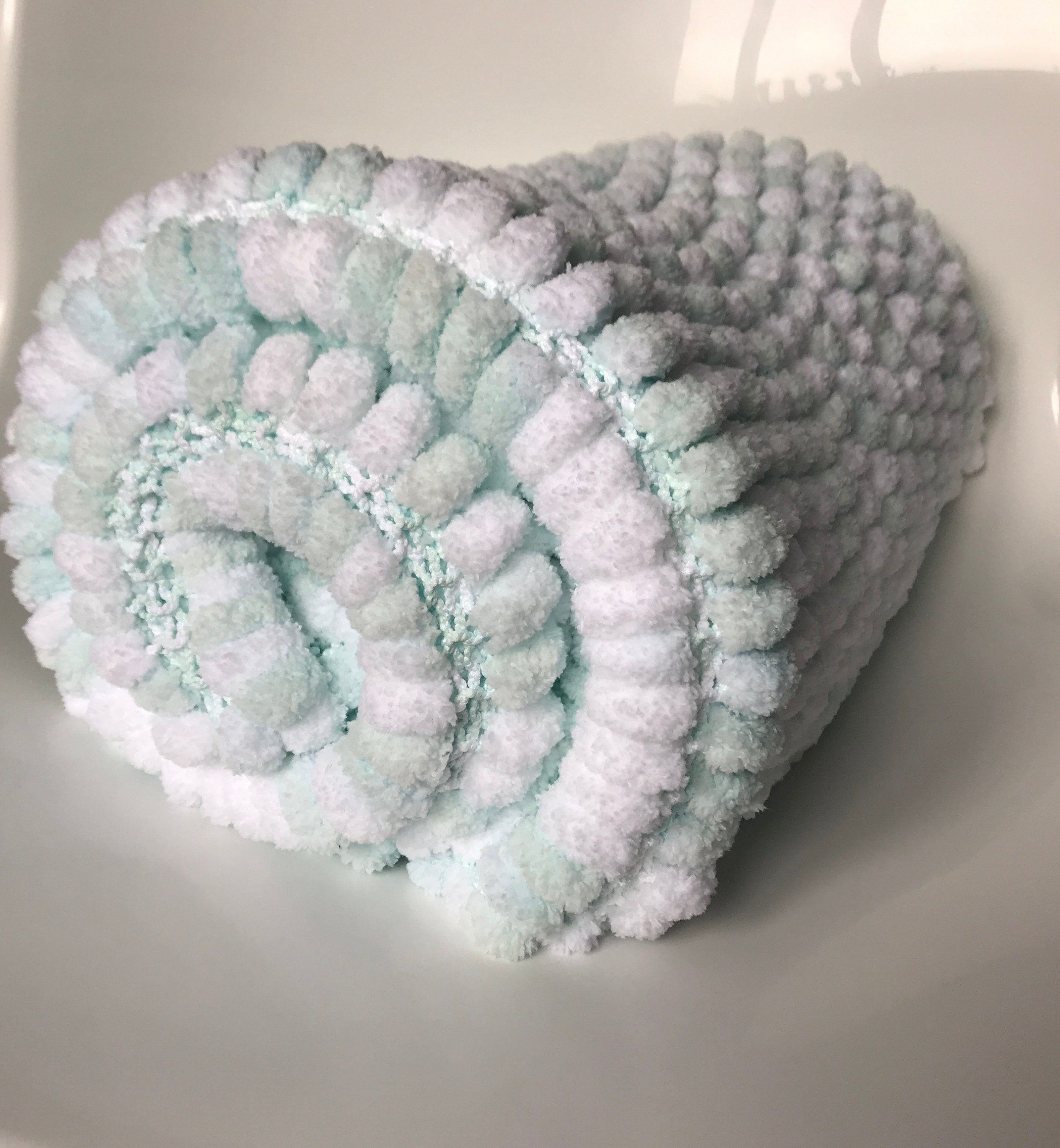 Hand knitted pom pom baby blanket in mint and white Etsy
