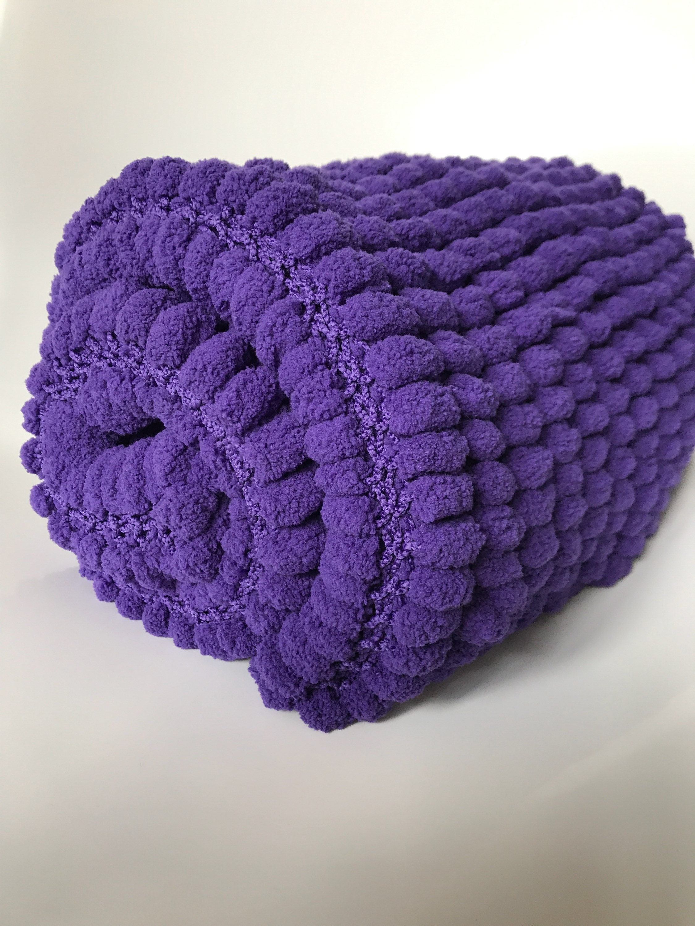 Hand knitted pom pom baby blanket in purple Etsy