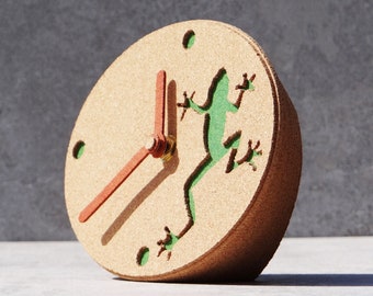 Desk clock, cork design table clock, green frog clock for desk, unique clock for gift, modern office clock, gift for him, green clock