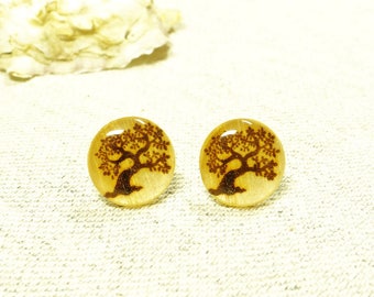 Tree Of Life Stud Earrings - Tree Jewelry - 14mm Wooden Earrings - Resin Jewelry - Modern Nature Earrings - Wood And Resin Studs Earrings