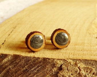 Natural wood earrings, little wood post earrings, hand painted wood earrings, eco friendly jewelry, black ear studs (0228)