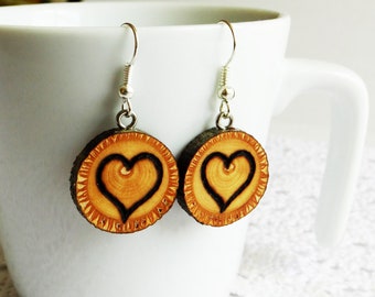 Natural wood earrings, wooden earrings, unique gift, heart earrings  (0222)