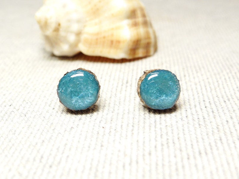 Studs, wooden studs 9-11 mm, surgical steel posts, ear studs, wooden post earrings, hand painted studs, blue earrings, hypoallergenic 04 image 1