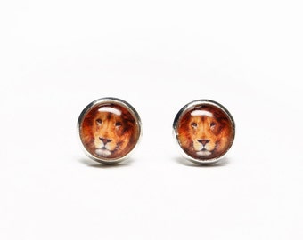 Lion earrings. Animal jewelry. 10 mm stud earrings. Personalised. Small. Glass dome jewelry. Cabochon earrings. Nickel-free. Lead-free