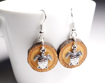 Wooden earrings, silver plated surgical steel hooks, Tibetan silver turtle and wood earrings, hypoallergenic