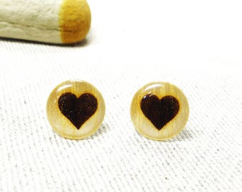 Heart Earrings - Stud Earrings - 14mm Circle Wood Earrings - Minimalist Earrings - Hypoallergenic Studs - Heart Jewelry Gift For Women