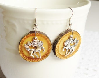 Wooden earrings, Tibetan silver horse and wood earrings, gift for her, gift ideas