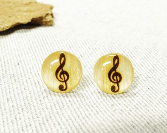 Treble Clef Resin Wood Earrings - Stud Earrings - 14mm Music Jewelry Wooden Earrings - Wood And Resin Earrings Studs - Musical Teacher Gift