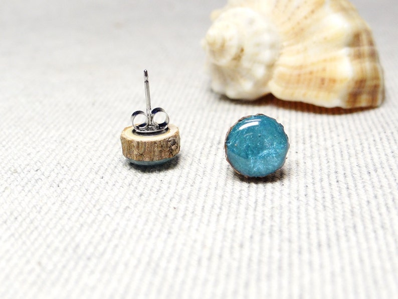 Studs, wooden studs 9-11 mm, surgical steel posts, ear studs, wooden post earrings, hand painted studs, blue earrings, hypoallergenic 04 image 3