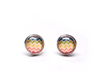 Colorful earrings. Pattern. Stripes. 10 mm stud earrings. Simple. Boho. Chic. Glass dome jewelry. Cabochon earrings. Nickel-free. Lead-free