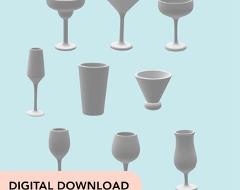 3D Printer STL File - Miniature Drinkware Barware Glasses (Set of 9) - 12scale dollhouse - Martini, Champagne, Wine, Beer, etc.