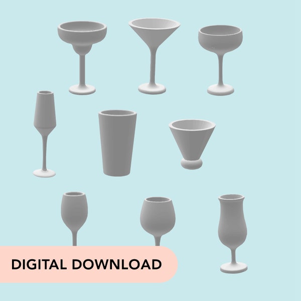 3D Printer STL File - Miniature Drinkware Barware Glasses (Set of 9) - 12scale dollhouse - Martini, Champagne, Wine, Beer, etc.