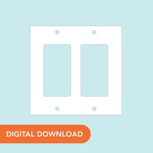 Puede incluir: Una placa de interruptor de luz blanca y cuadrada con dos aberturas rectangulares. La cubierta tiene cuatro orificios para tornillos y está colocada sobre un fondo azul claro. Las palabras "DESCARGA DIGITAL" están en un rectángulo naranja en la parte inferior.