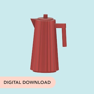 Può includere: Una teiera color terracotta con un design a coste, un manico e un coperchio. La teiera è ambientata su uno sfondo azzurro. Le parole "DIGITAL DOWNLOAD" sono in basso.