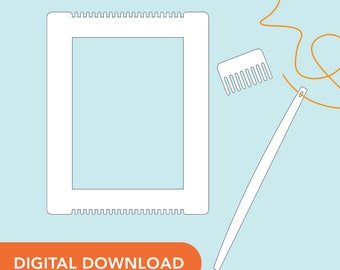 May include: A white rectangular weaving loom with a comb, needle, and orange thread on a light blue background. The loom has a rectangular opening in the center and notched edges. The words "DIGITAL DOWNLOAD" are in an orange rectangle.