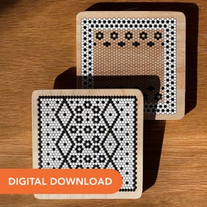 May include: Two square wooden coasters with mosaic tile designs. One coaster features a diamond pattern, the other a geometric design. The coasters have a light wood border and a mosaic tile center in black and white. The words "DIGITAL DOWNLOAD" are in an orange rectangle.
