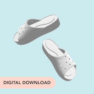 May include: Two white platform slides with multiple small holes are suspended in the air against a light blue background. The slides have a contoured footbed and a thick sole. The words "DIGITAL DOWNLOAD" are in a pink rectangle at the bottom.