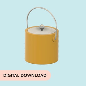 May include: Mustard yellow ice bucket with a silver handle and lid. The bucket has a cylindrical shape with a white interior and a small silver knob on the lid. The handle arches over the top.