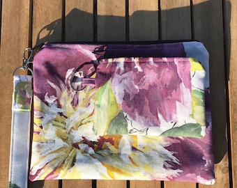 Yellow and purple Floral Wristlet with matching Coin Purse