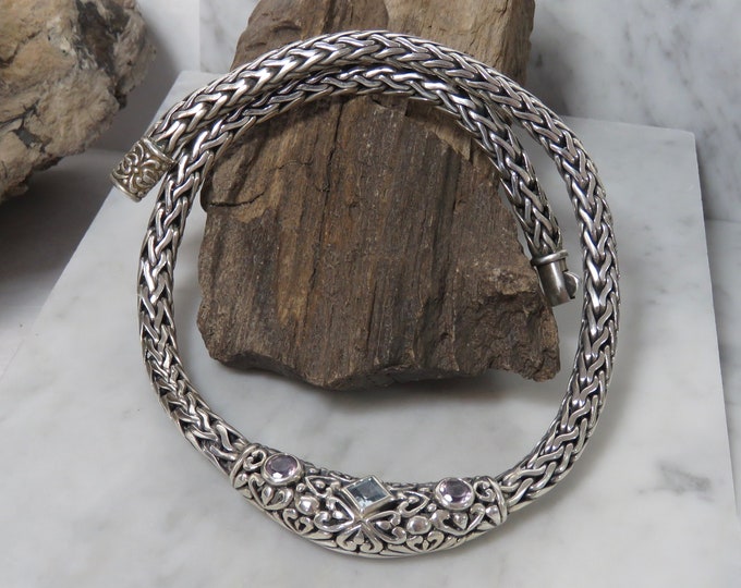 HEAVY 101.8 grams sterling silver chain necklace amethyst marked 925 vintage 17 inches topaz