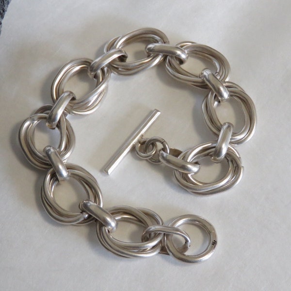 Sterling silver chain link bracelet, heavy, double link, toggle, marked 925, men's or women's, vintage, 47.1 grams