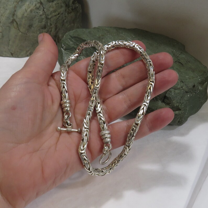 74.9 grams sterling silver chain necklace, byzantine link, 19 1/2 inches, marked 925, vintage, toggle image 1