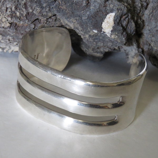 Heavy sterling silver cuff bracelet, signed Inger K, modernist, marked 925, vintage, 50.5 grams