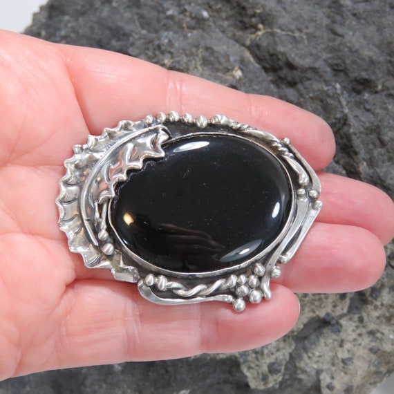 SIGNED sterling silver pendant or brooch, black o… - image 1